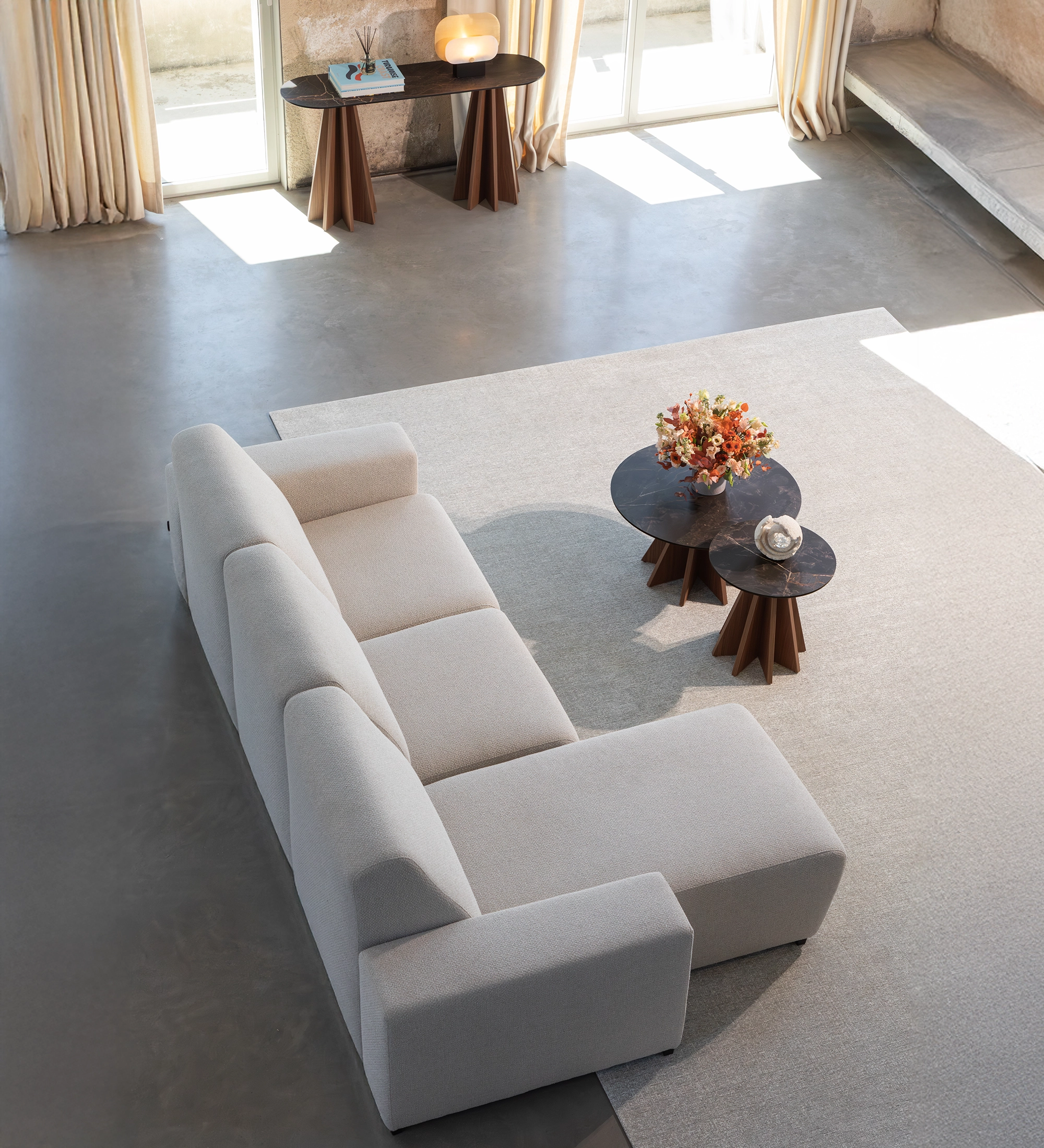 Lagos Sofa with Chaise Longue, light gray sectional with chaise and round coffee tables