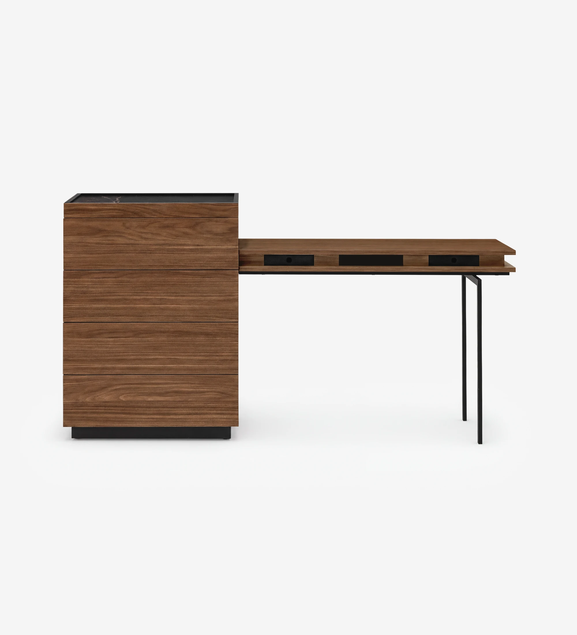 Walnut chest of drawers with extending dressing table and thin black metal legs
