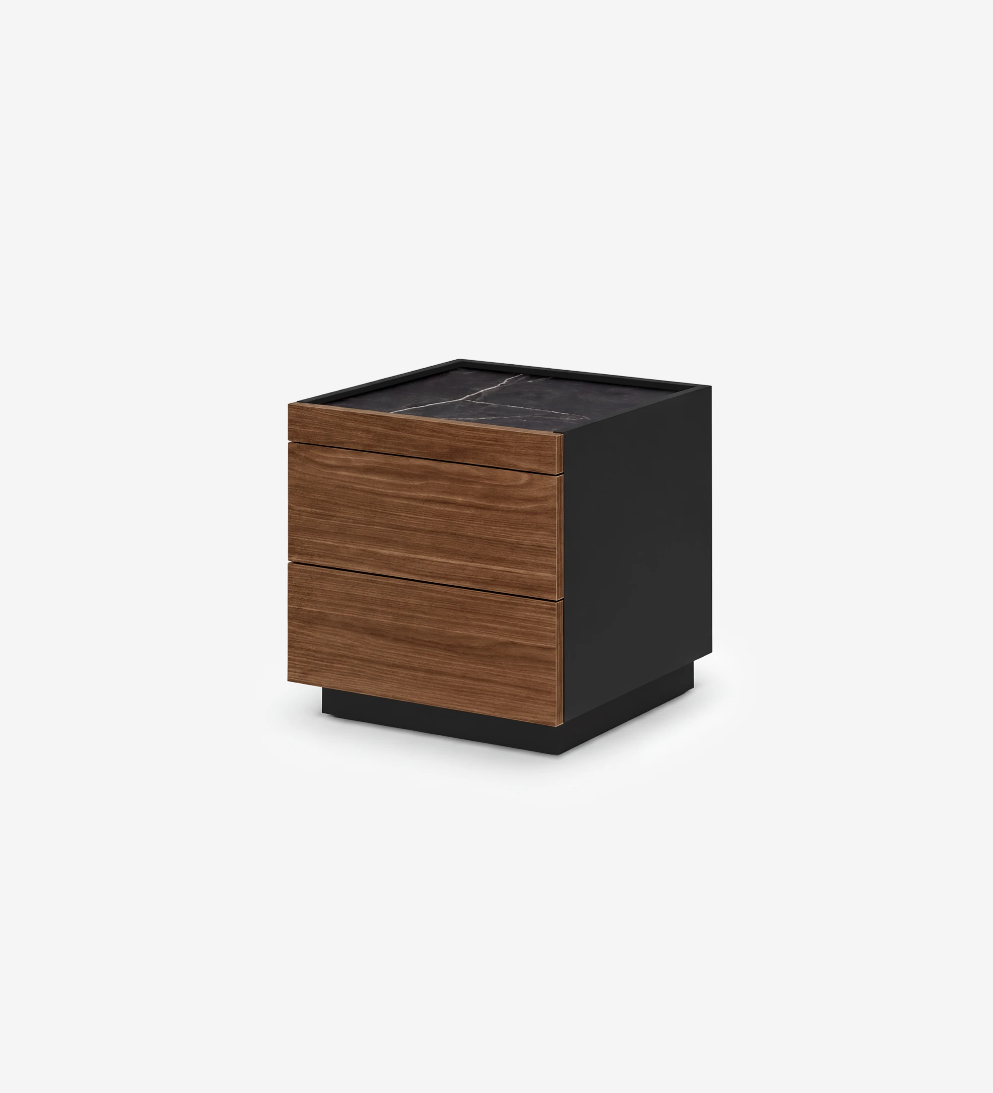 Mesa de Cabeceira com 2 gavetas em nogueira e estrutura em lacado negro com iluminação, tampo em laminado mármore Port Laurent.