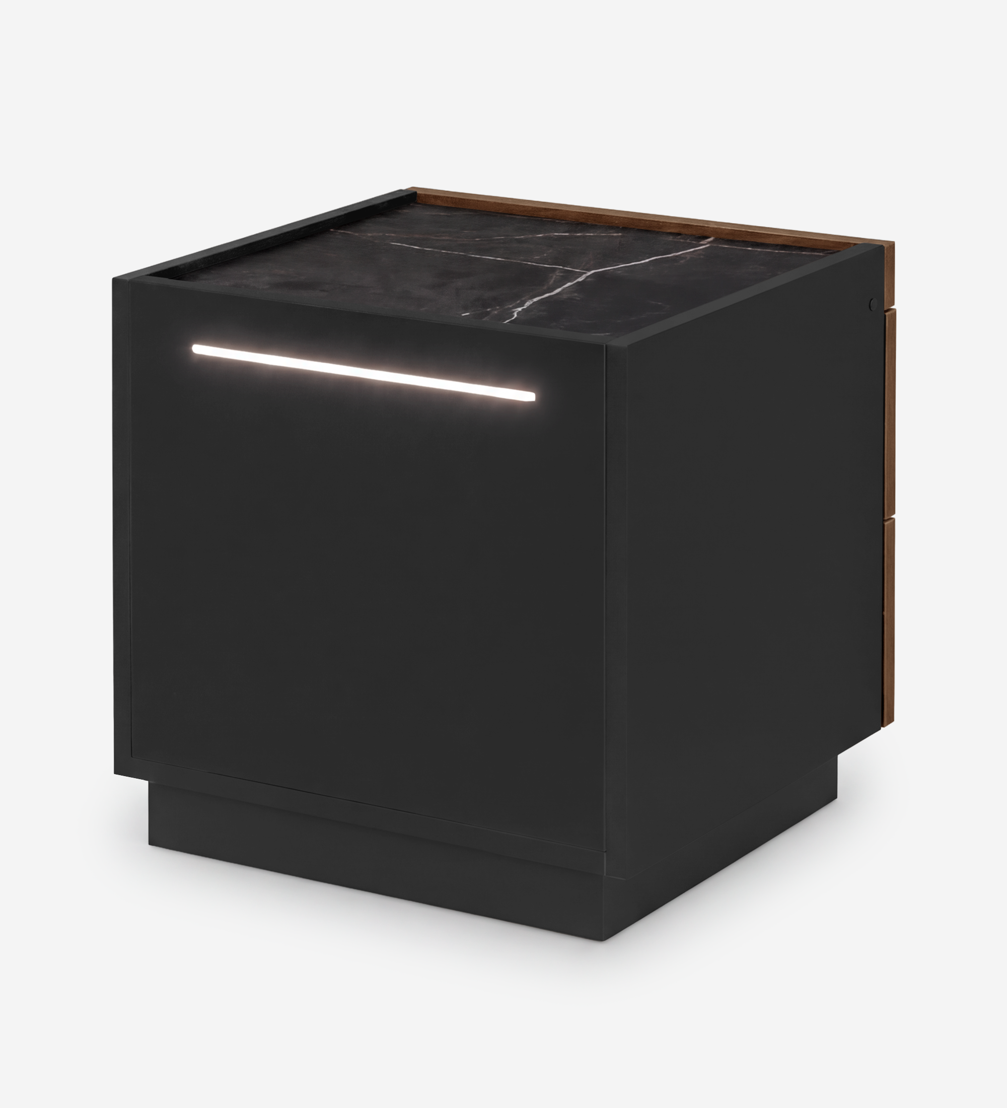 Mesa de Cabeceira Lagos preta em cubo, tampo em mármore e faixa LED frontal