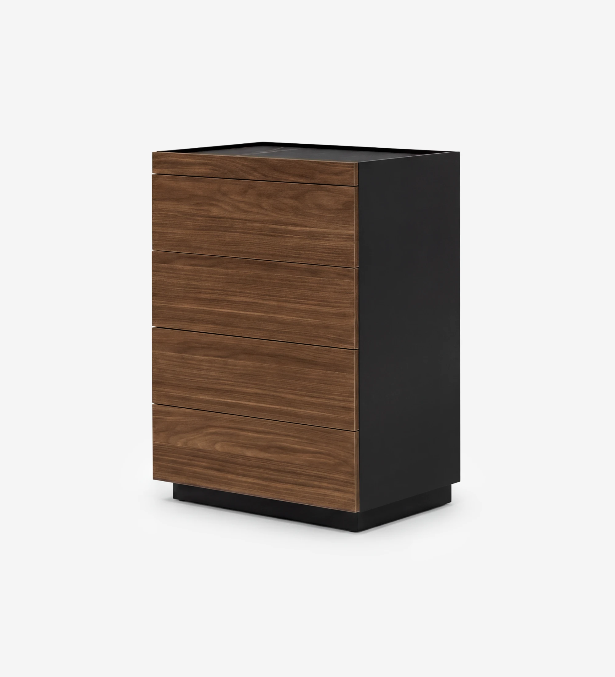 Chest with 4 walnut drawers, black lacquered structure, and a Port Laurent marble laminate top