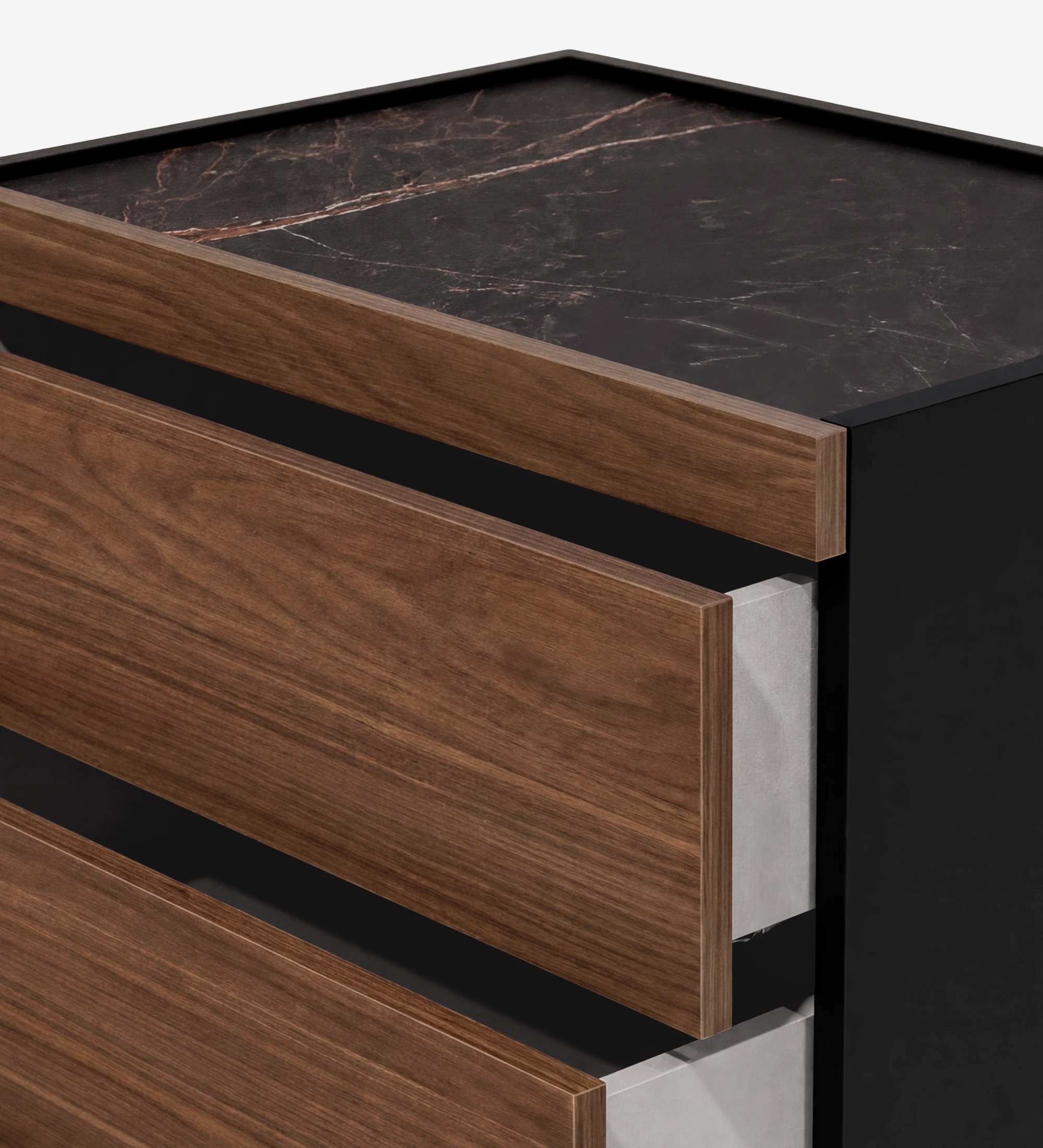 Lagos Dresser close-up of walnut drawers, black frame and dark marble top