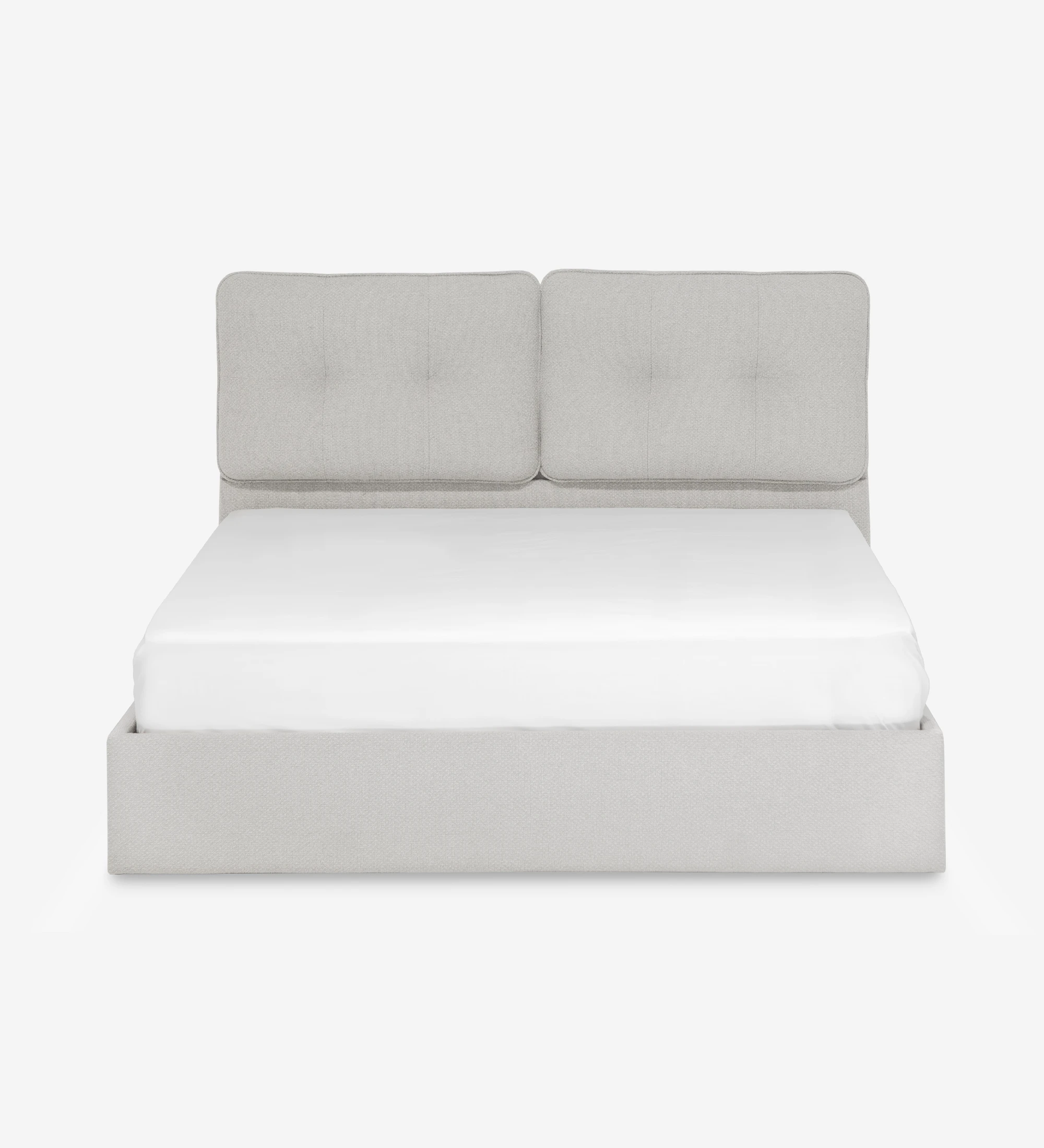 Cama doble con cabecero corto, tapizada en tela light grey.