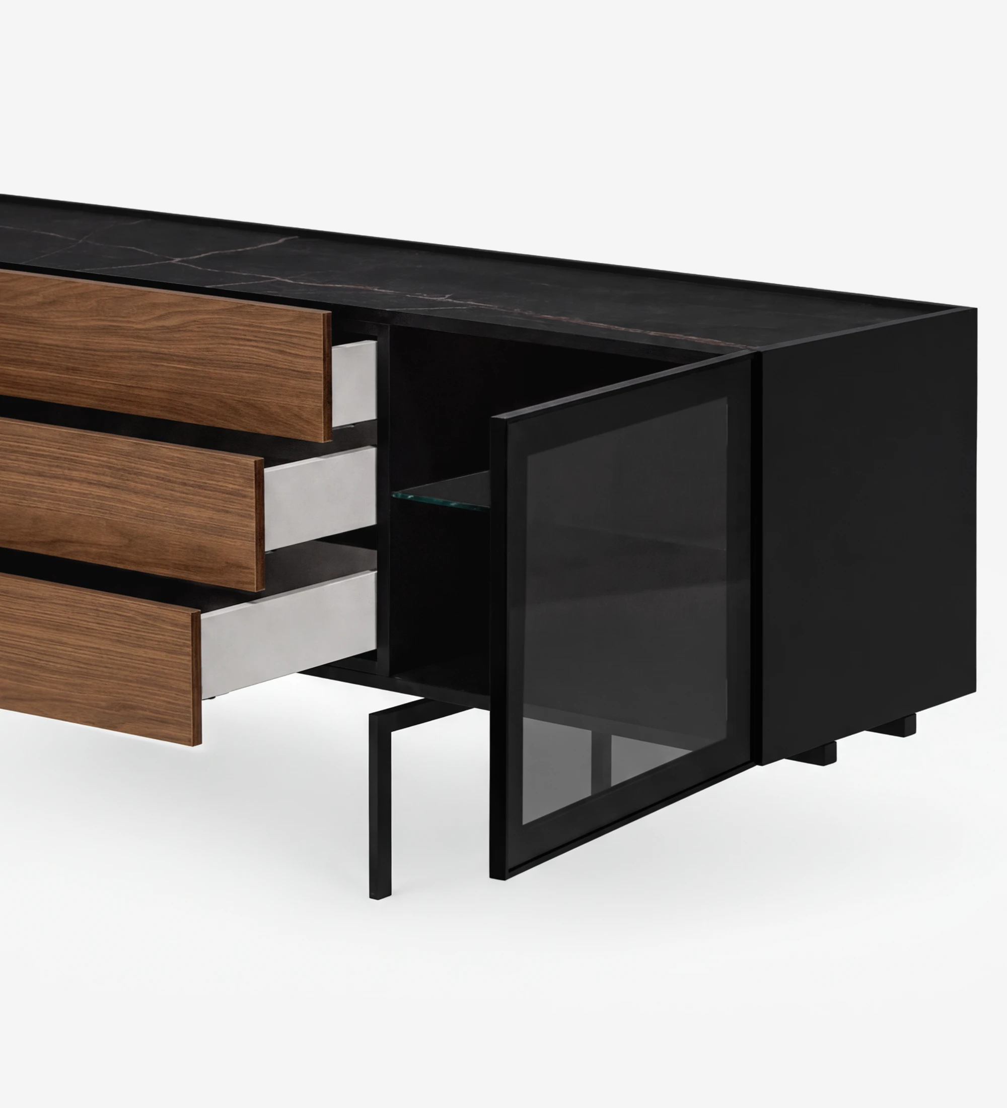 Lagos Sideboard with black frame, marble top, three wood drawers and glass door open