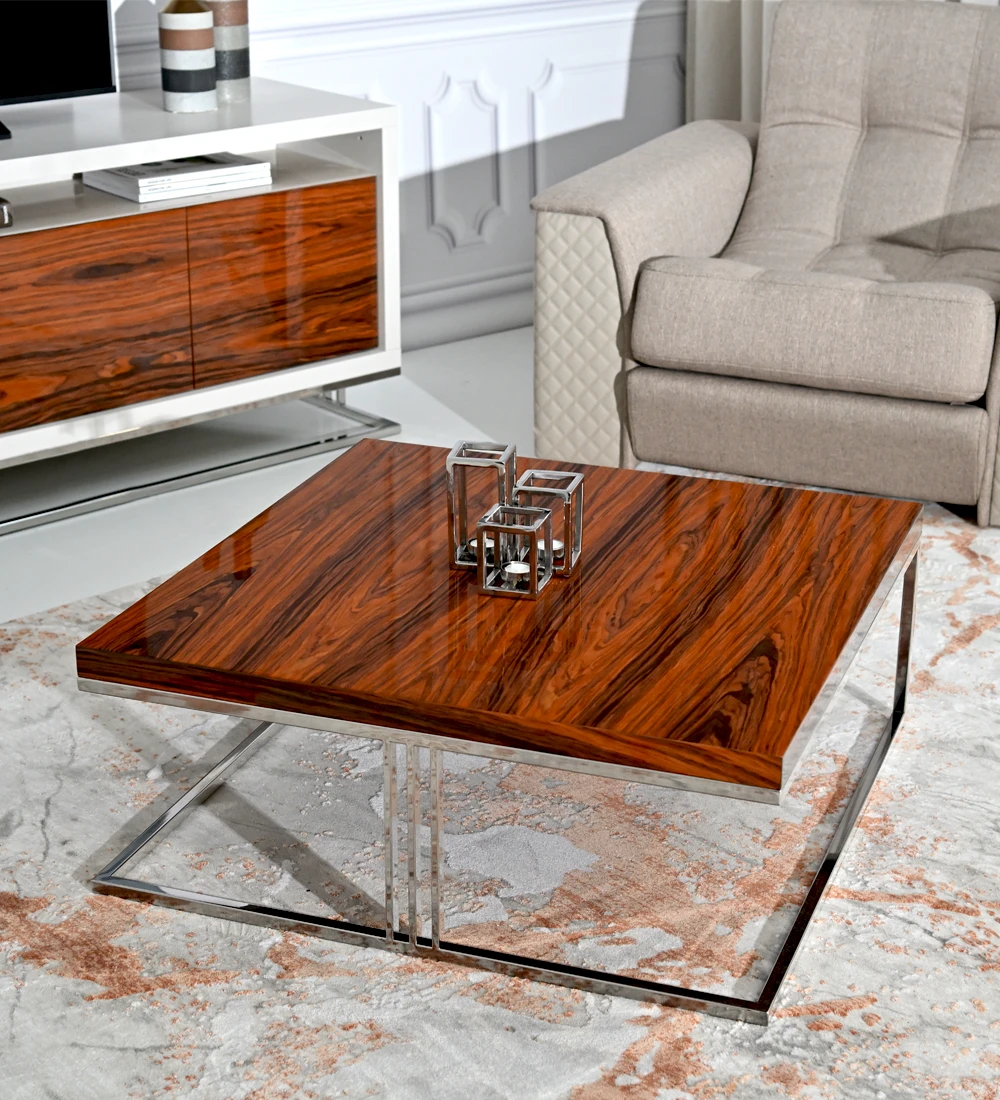 Table basse carrée avec plateau en palissandre brillant et pied en acier inoxydable