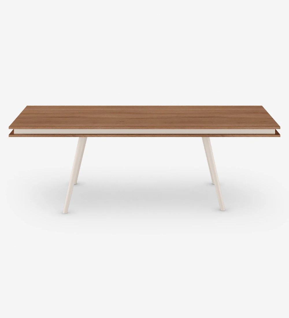 Oslo rectangular dining table 240 x 100 cm, walnut top and pearl lacquered feet.