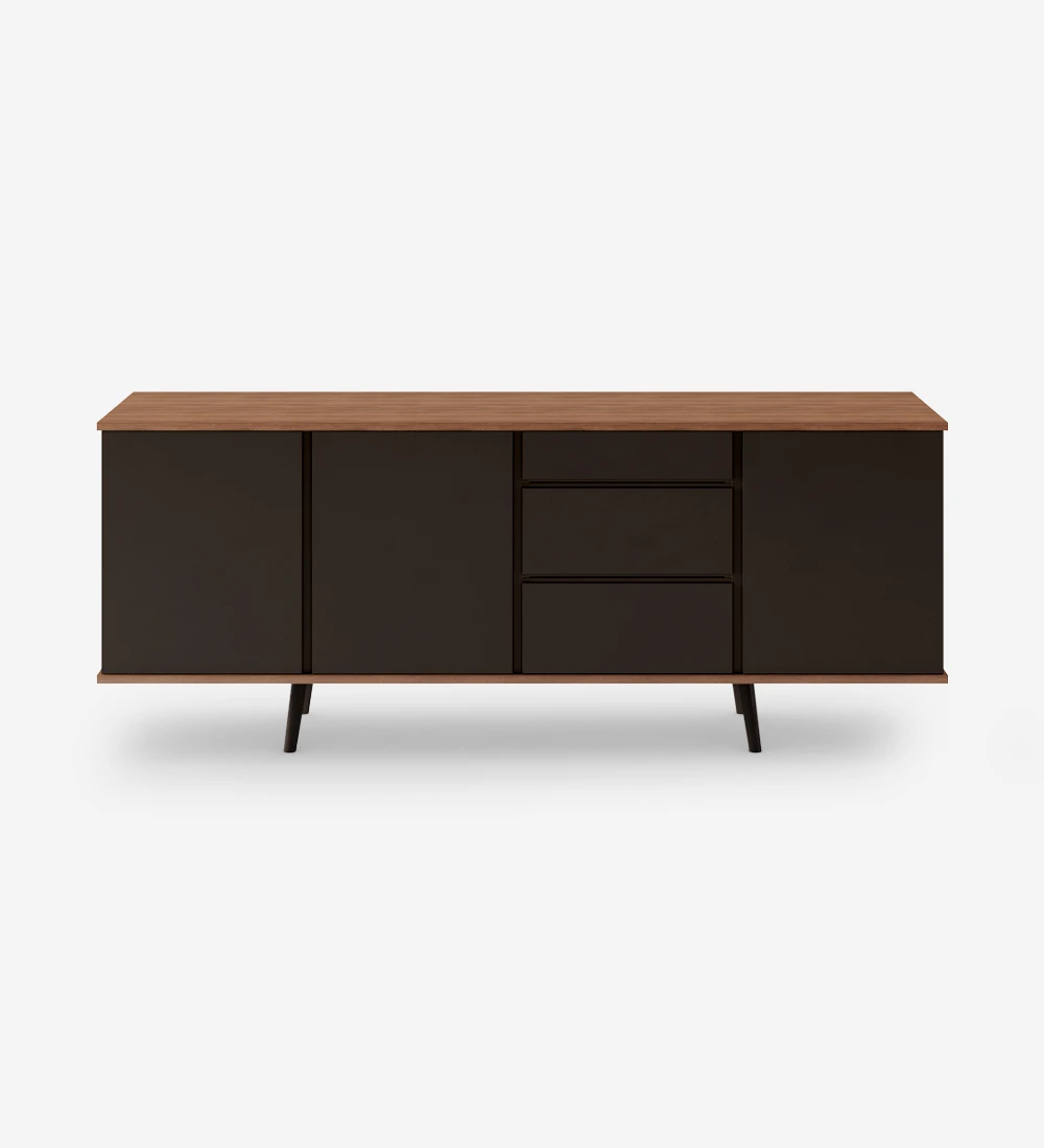 Oslo sideboard with 3 doors, 3 drawers and dark brown lacquered feet, walnut structure, 195 x 78,5 cm.