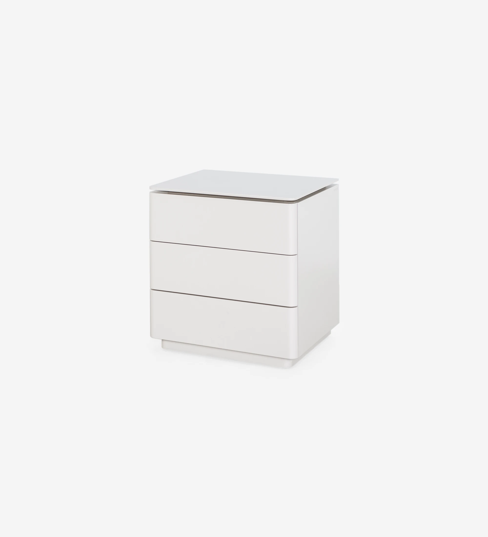 Bedside table with 3 drawers, wooden top and pearl lacquered structure.