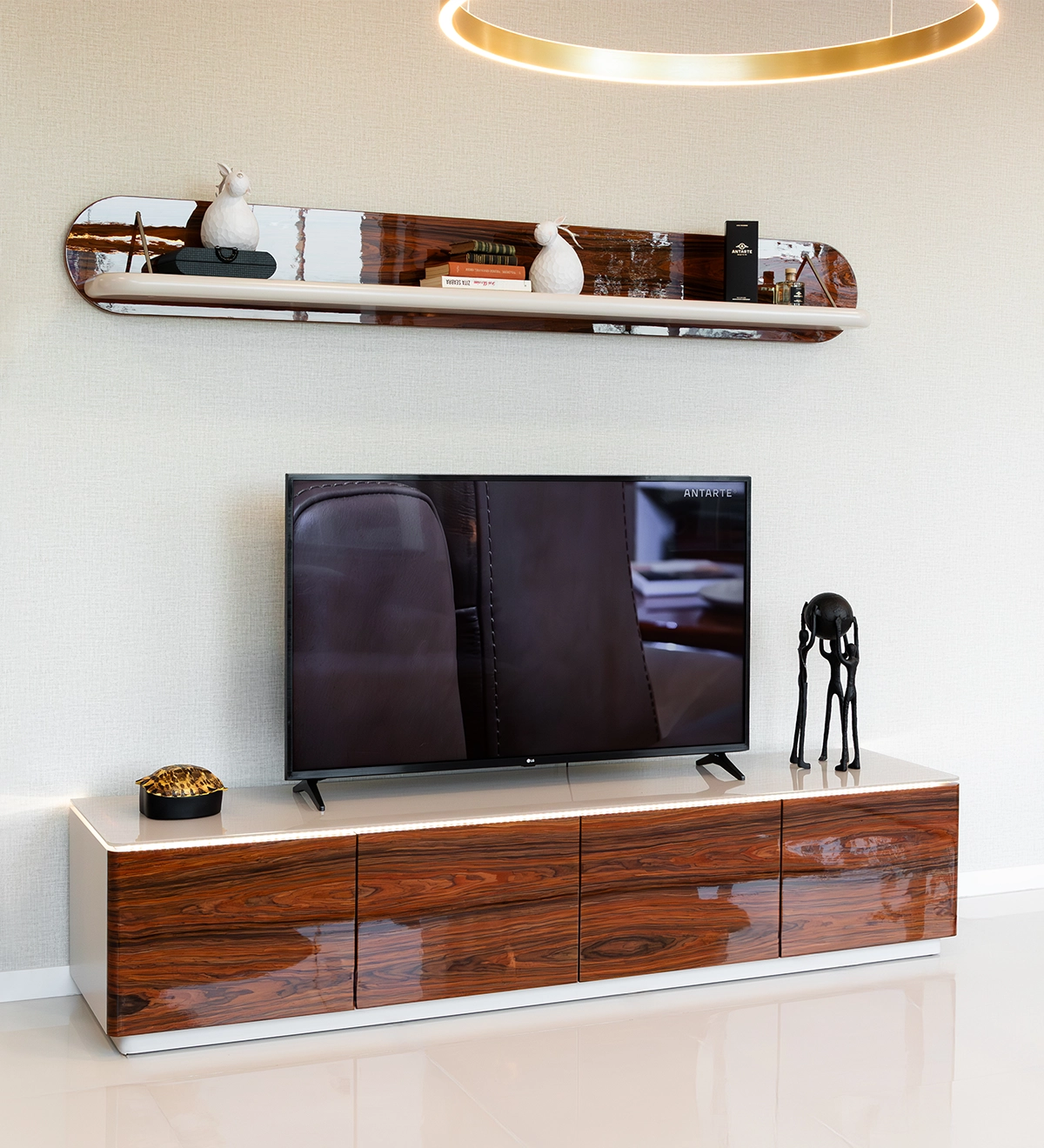 Geneve TV stand 4 doors in high gloss palissander, pearl lacquered top and structure, 220 x 49 cm.