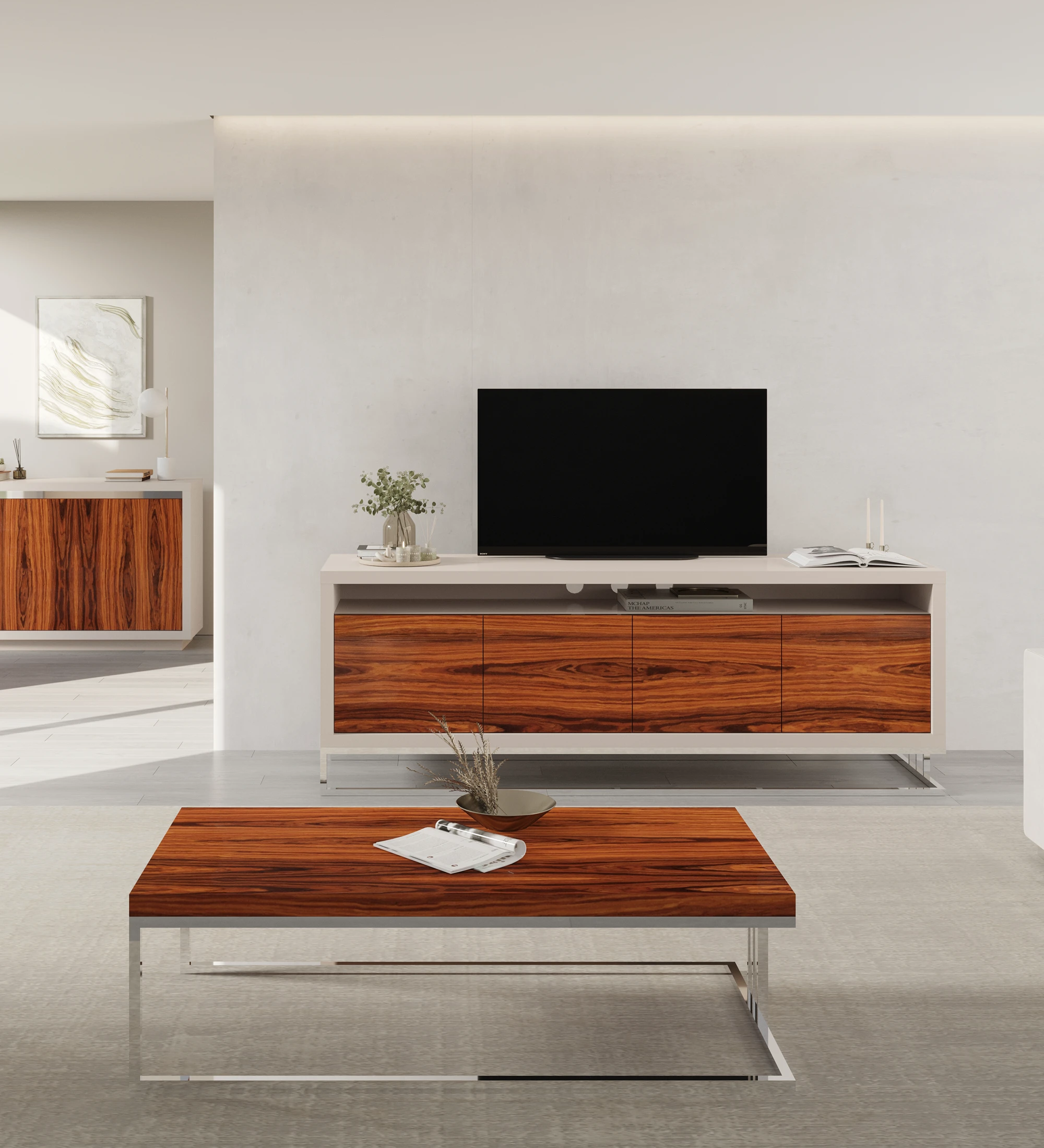 Mueble TV Londres 4 puertas en palisandro alto brillo, estructura lacada perla, base en acero inoxidable, 195 x 70 cm.