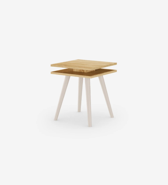 Oslo square side table, 2 natural oak tops, pearl lacquered feet, 45 x 45 cm.