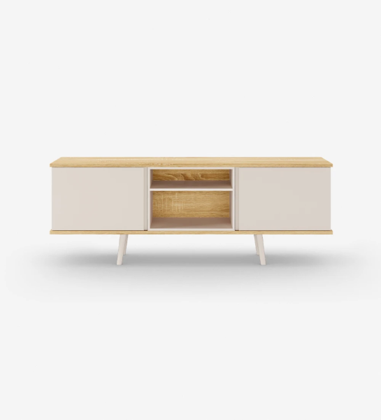 TV stand with 2 doors, module and pearl lacquered legs, natural color oak structure.