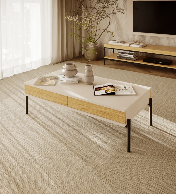 Cannes rectangular center table in pearl, 2 drawers in natural oak, black lacquered feet with levelers, 120 x 60 cm.