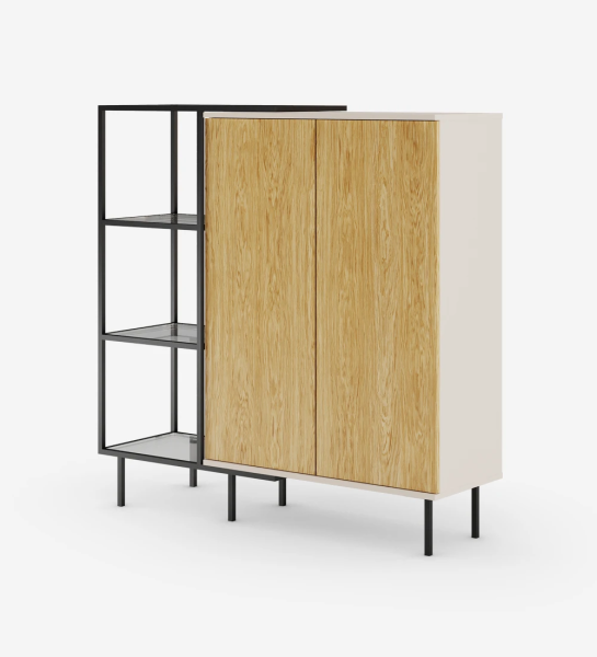 Cupboard with 2 doors in natural oak, pearl structure and black lacquered metal feet with levelers. Side extension with black lacquered metal structure, glass shelves.