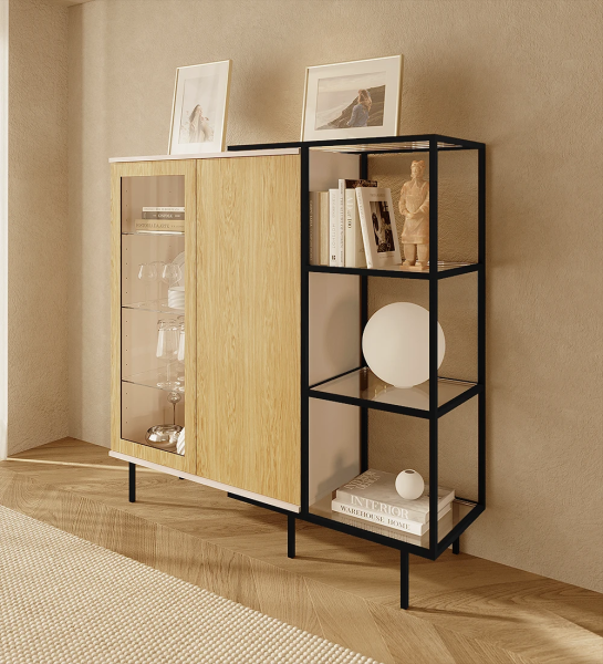 Showcase with lighting 2 doors in natural oak, pearl structure and black lacquered metal feet with levelers. Side extension with black lacquered metal structure, glass shelf.