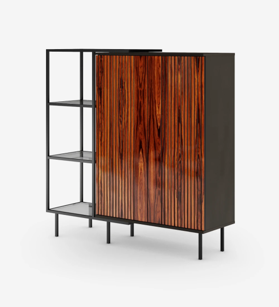 Cupboard with 2 doors with friezes in high gloss palissander, structure in black and black lacquered metal feet with levelers. Side extension with black lacquered metal structure, glass shelves.