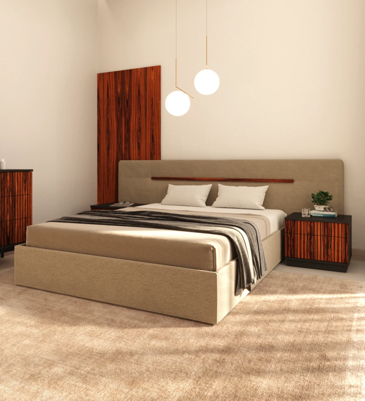 Double bed with upholstered headboard and base, high gloss palisander detail, with storage through a lifting platform.