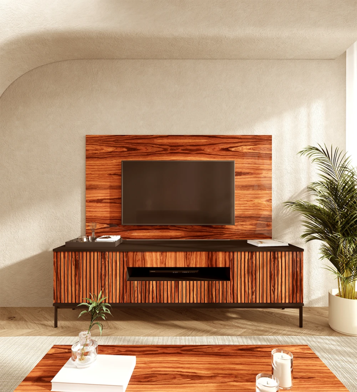 Mueble TV Cannes 2 puertas y 2 cajones en palisandro alto brillo, estructura en negro y pies en metal lacado negro con niveladores, 200 x 64,5 cm.