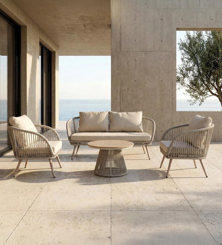 Conjunto de exterior con un sofá de 2 plazas, dos sillones y una mesa de centro.
