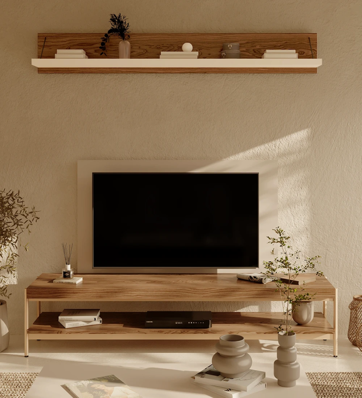 Console TV Cannes en noyer, avec structure en métal laqué doré, pieds avec niveleurs, 200 x 45 cm.