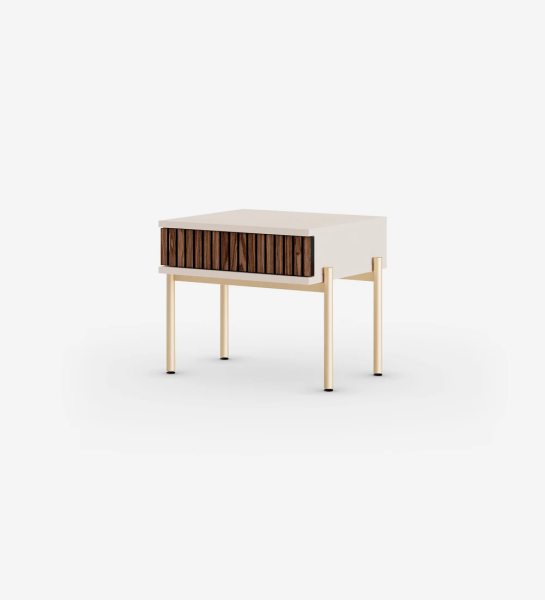 Bedside table with walnut frieze drawer, pearl structure and gold lacquered metal feet with levelers.