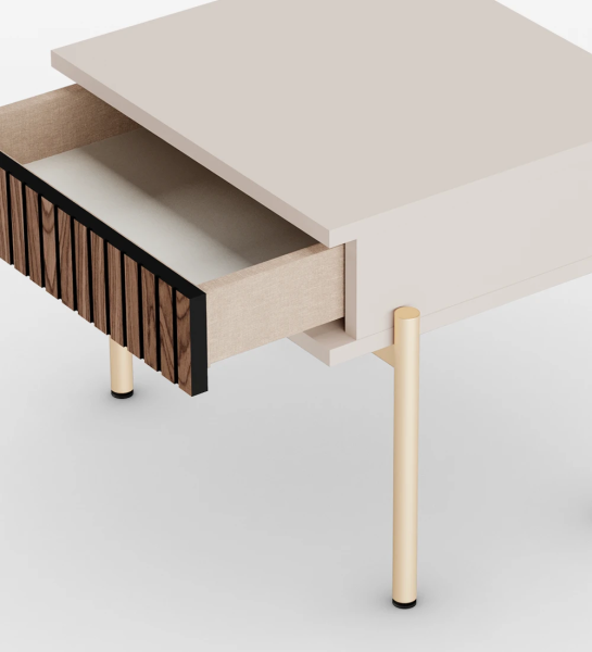 Bedside table with walnut frieze drawer, pearl structure and gold lacquered metal feet with levelers.