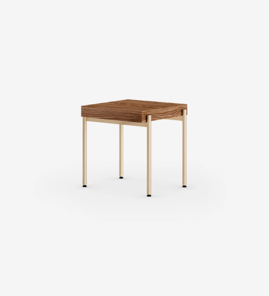Square side table in walnut, gold lacquered metal structure, legs with levelers.