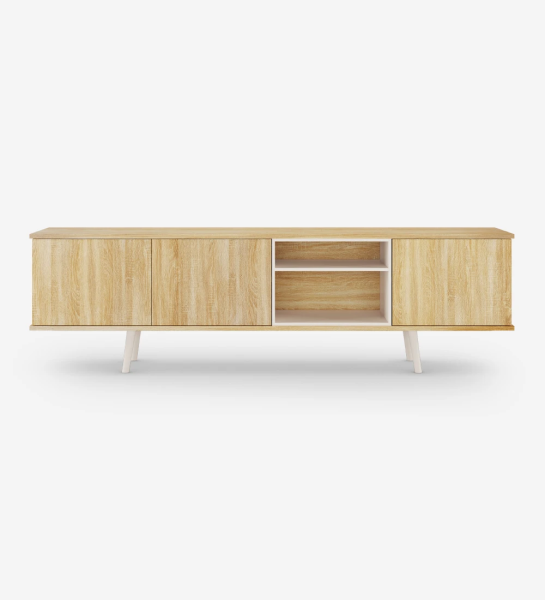 Oslo TV stand 3 doors and structure in natural oak, pearl lacquered module and feet, 200 x 58,8 cm.