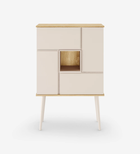 Oslo bar cabinet with natural oak structure, pearl lacquered doors, module and feet, 92 x 141,2 cm.