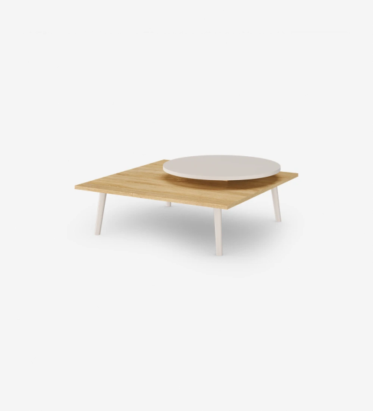 Oslo square center table, lower top in natural oak, round top and pearl lacquered feet, 90 x 90 cm.
