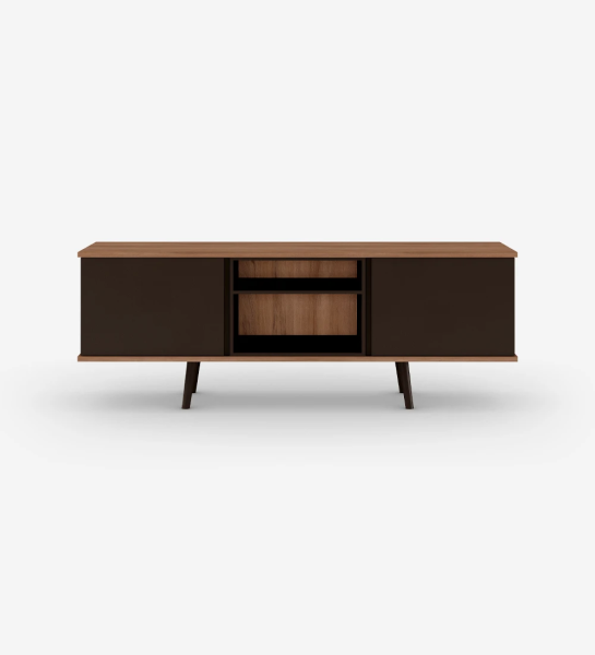 Oslo TV stand 2 doors, module and feet lacquered in dark brown, walnut structure, 160 x 58,8 cm.