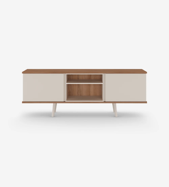 Oslo TV stand 2 doors, module and feet lacquered in pearl, walnut structure, 160 x 58,8 cm.