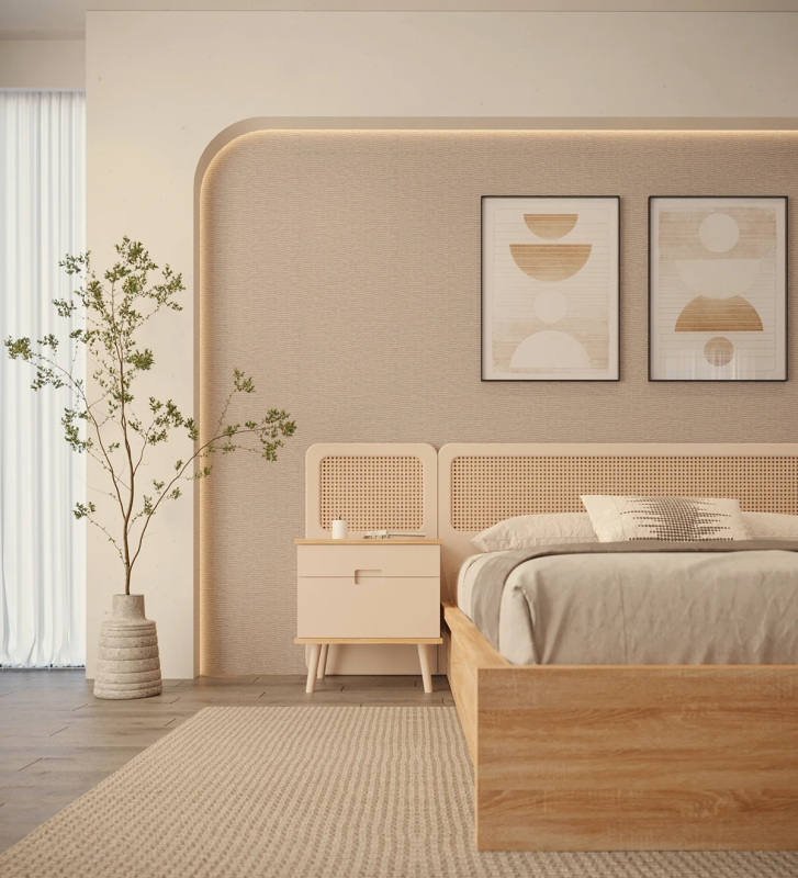 Bedside Table with 2 drawers and turned feet lacquered in pearl, natural oak structure.