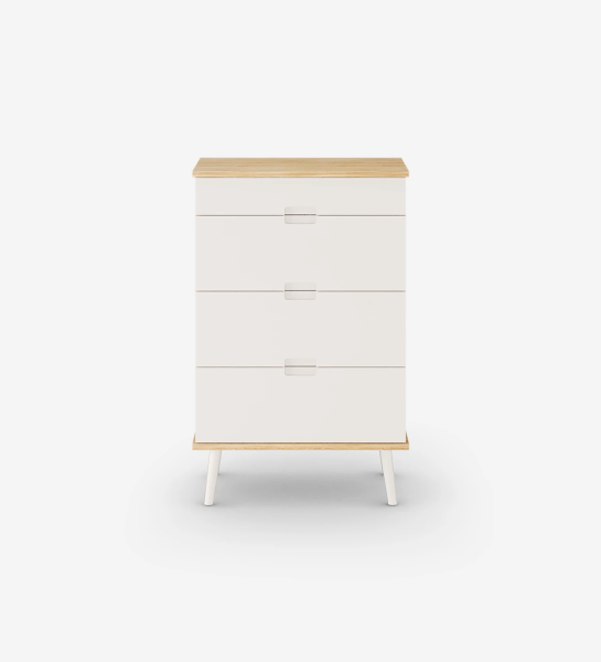 Dresser with 4 drawers with pearl lacquered fronts, pearl lacquered turned legs and natural oak structure.