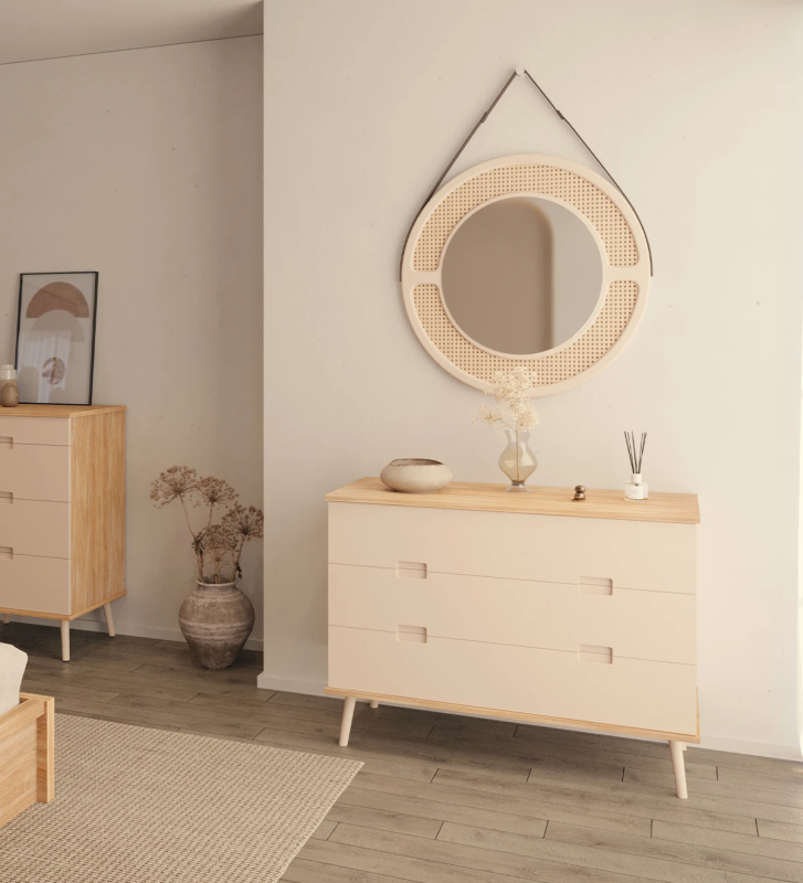 Dresser with 3 drawers with pearl lacquered fronts, pearl lacquered turned legs, natural oak structure.