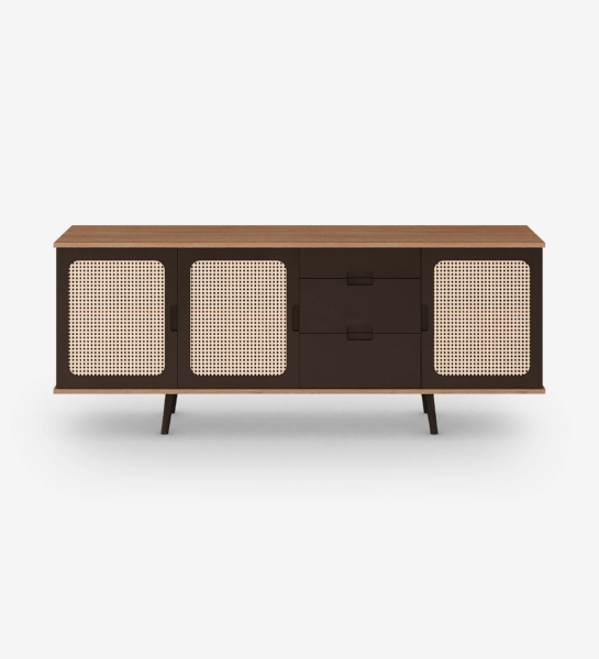 Sideboard with 3 rattan detail doors, 3 drawers and dark brown lacquered legs, walnut structure.