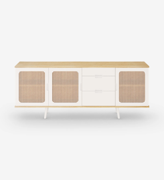 Sideboard with 3 rattan detail doors, 3 drawers and pearl lacquered legs, natural color oak structure.