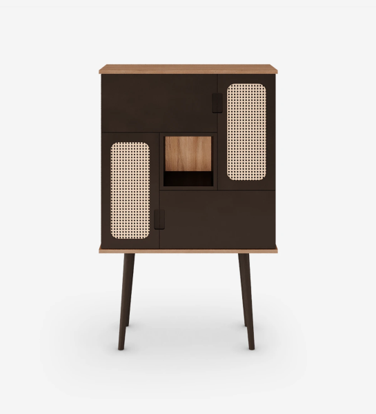 Bar cabinet with 4 doors, rattan detail in 2 doors, walnut structure, module and feet lacquered in dark brown.