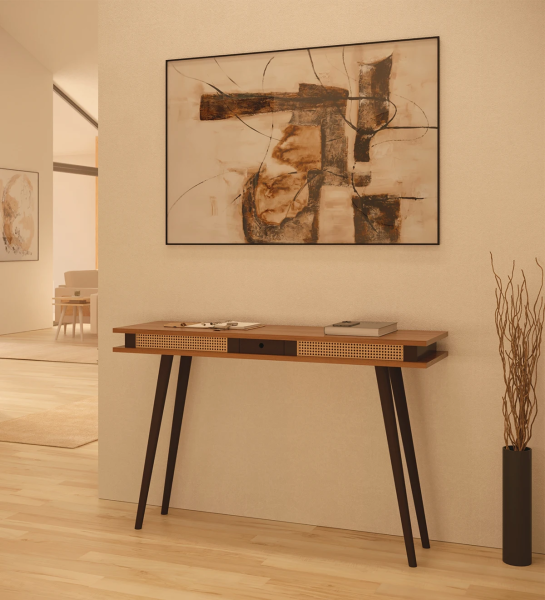 Console in walnut, with dark brown lacquered turned legs.