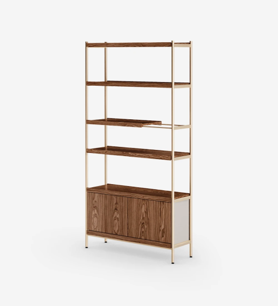 Double-sided bookcase with 2 doors module, in walnut, with a golden lacquered metal structure, feet with levelers.