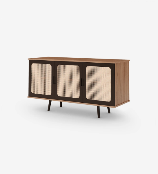 Sideboard with 3 rattan detail doors, dark brown lacquered legs and walnut frame.