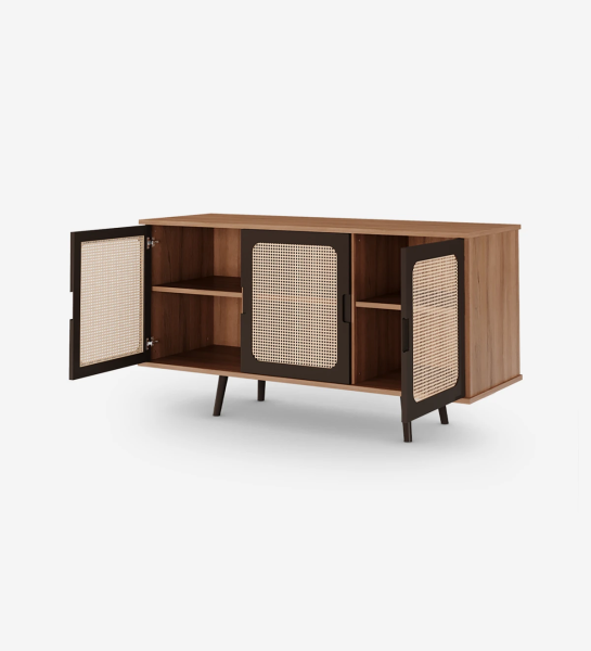 Sideboard with 3 rattan detail doors, dark brown lacquered legs and walnut frame.