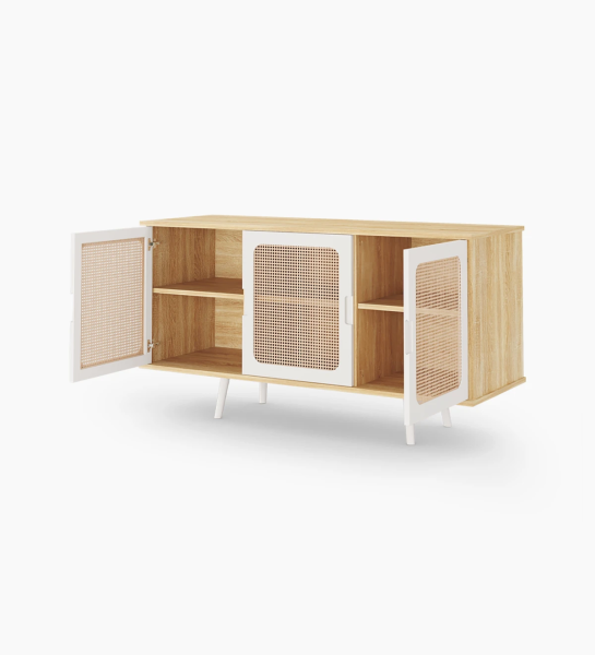 Sideboard with 3 doors detail in rattan, pearl lacquered feet and structure in natural color oak.