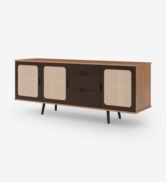 Sideboard with 3 rattan detail doors, 3 drawers and dark brown lacquered legs, walnut structure.