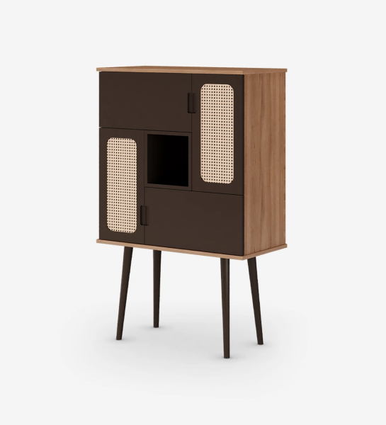 Bar cabinet with 4 doors, rattan detail in 2 doors, walnut structure, module and feet lacquered in dark brown.