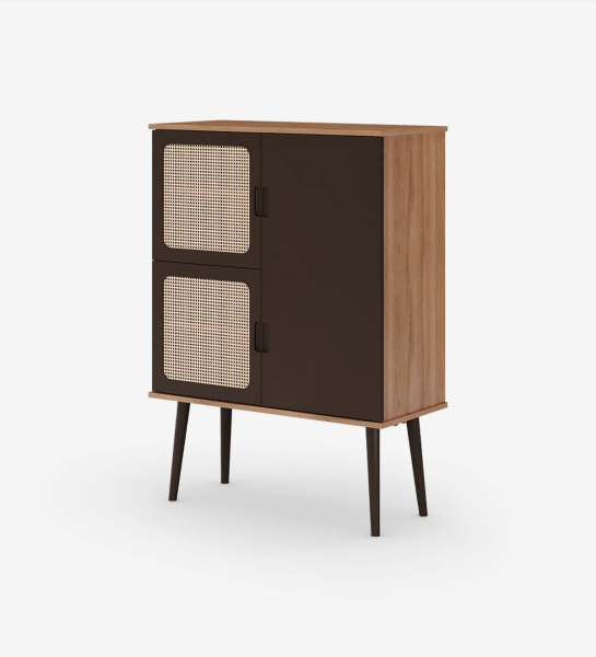 Cupboard with 3 doors, rattan detail in 2 doors, walnut structure, lacquered dark brown doors and feet.