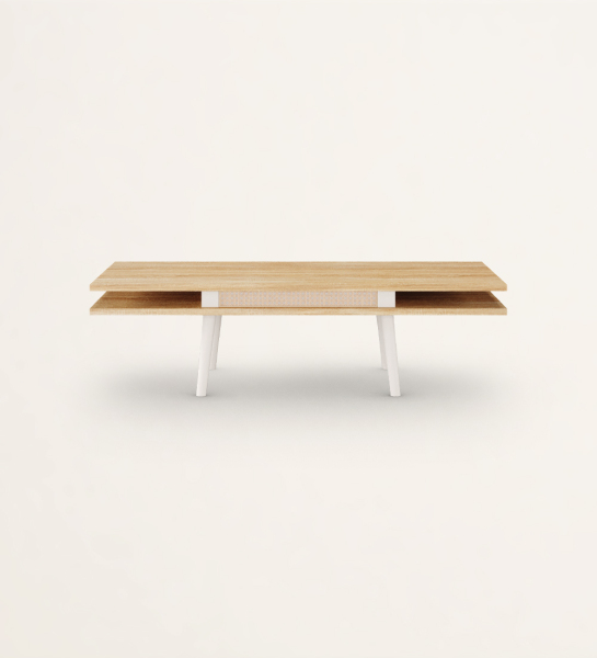 Table basse rectangulaire avec deux plateaux en chêne naturel et pieds laqués perle.