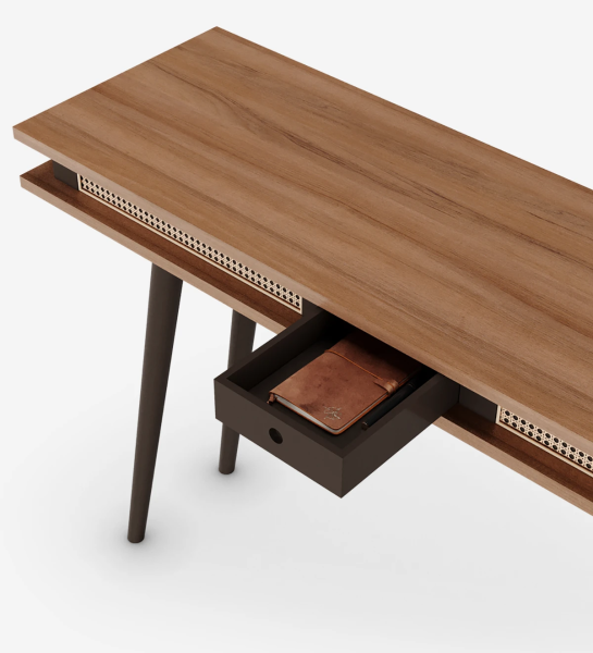 Console in walnut, with dark brown lacquered turned legs.