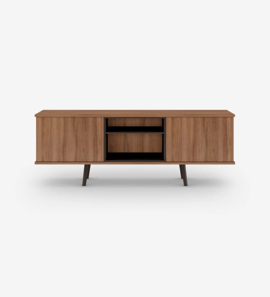 TV stand with 2 doors and a walnut structure, module and feet lacquered in dark brown.