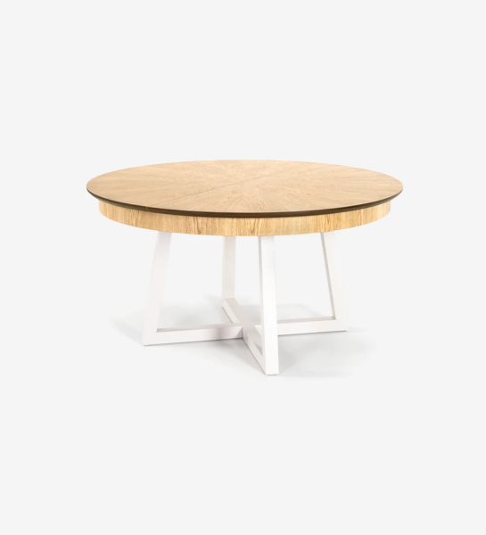 Round extendable dining table with natural oak top and pearl lacquered legs.